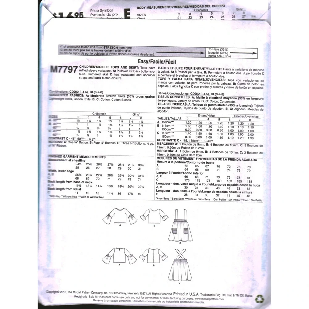 McCall's M7797 Girls Top and Skirt Sewing Pattern Size CL 6-7-8 Ruffles and Lace